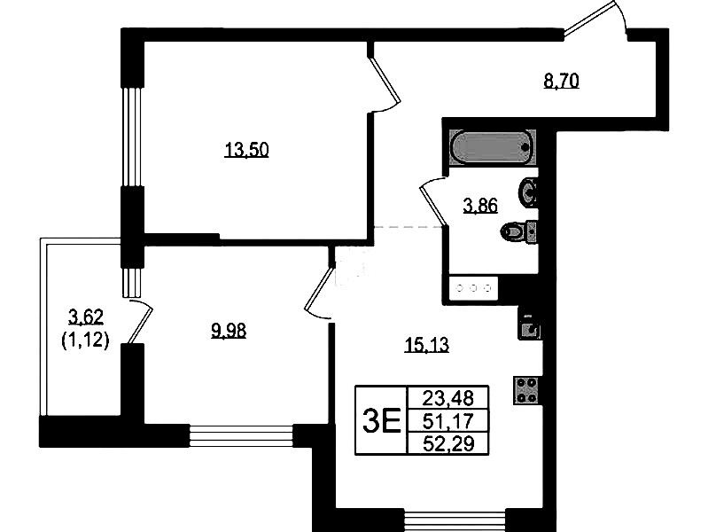 2-комнатная квартира 52.29 м², 10/23 эт., ЖК «Южная Нева»